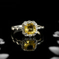 925 Sterling Silver 6x6mm Round Lemon Quartz Ring with Halo Accents