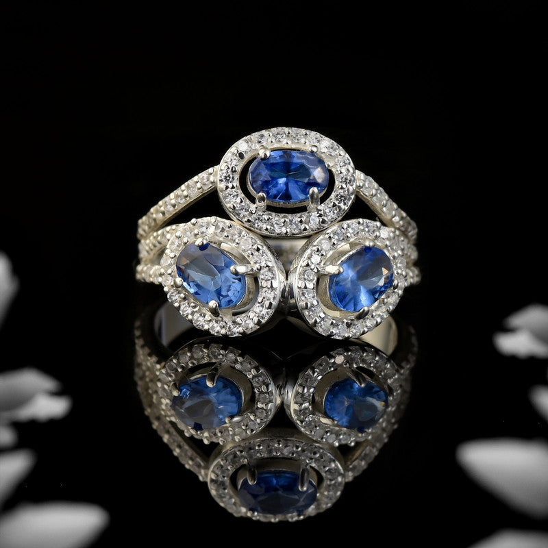 6x4mm Oval Tanzanite Triple Halo Design Ring 925 Sterling Silver