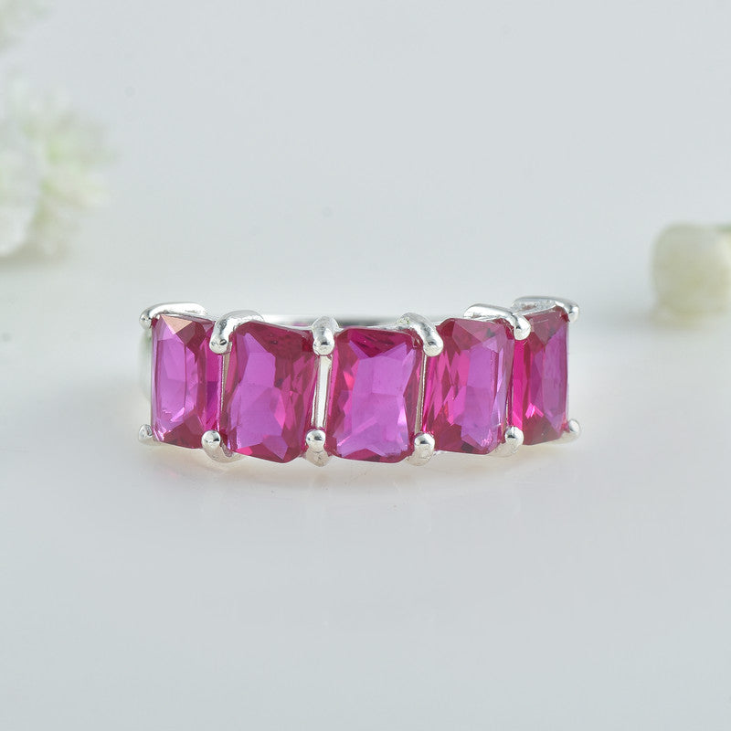 6x4mm Octagon Rhodolite Garnet Five-Stone Band Ring 925 Sterling Silver