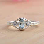 6x4mm Oval Blue Topaz Ring 925 Sterling Silver with White Accents
