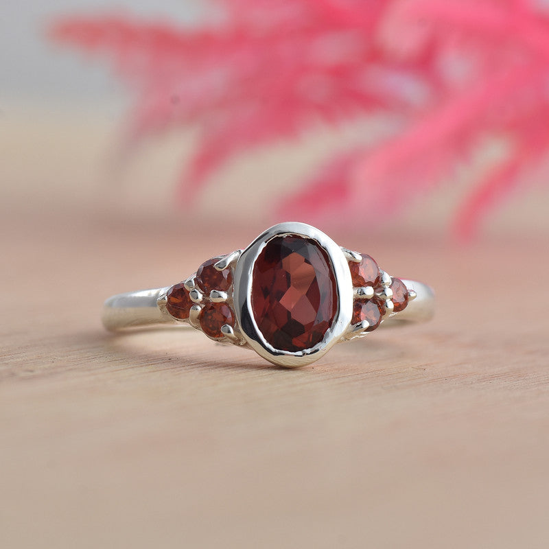 7x5mm Oval Garnet Ring with Accent Stone 925 Sterling Silver