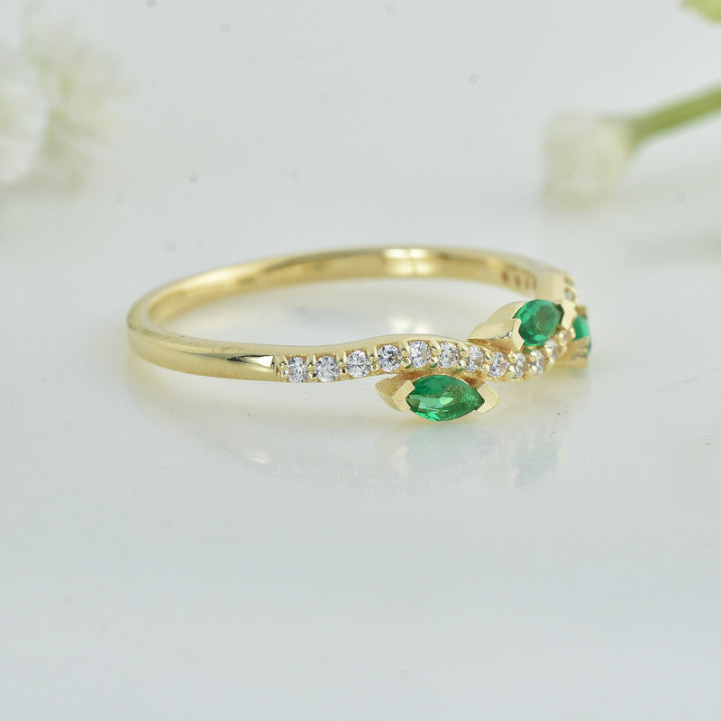 Marquise Emerald Three Stone Ring 925 925 Sterling Silver Gold Plated