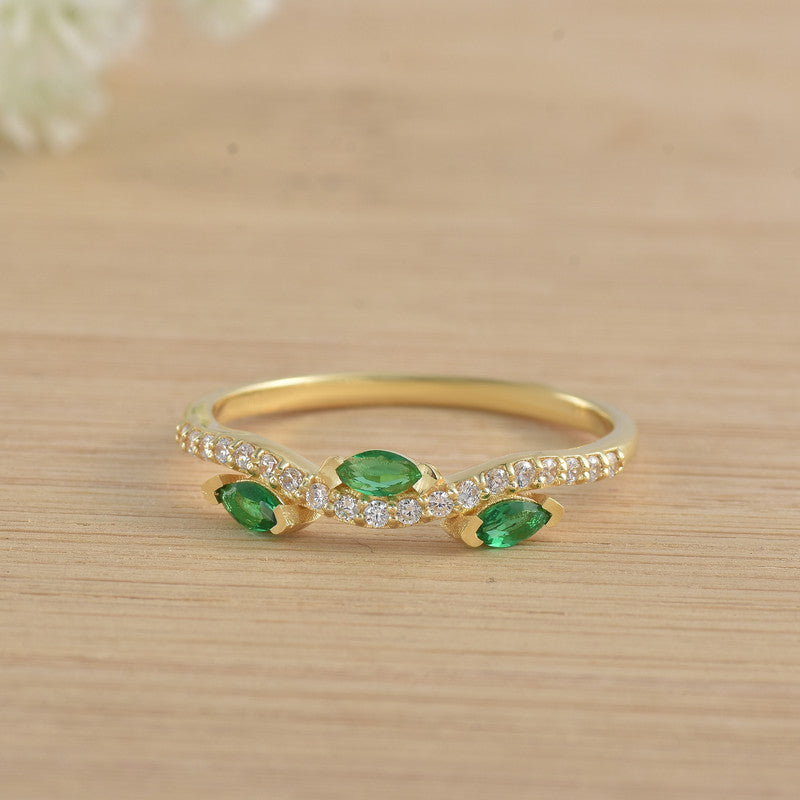 Marquise Emerald Three Stone Ring 925 925 Sterling Silver Gold Plated