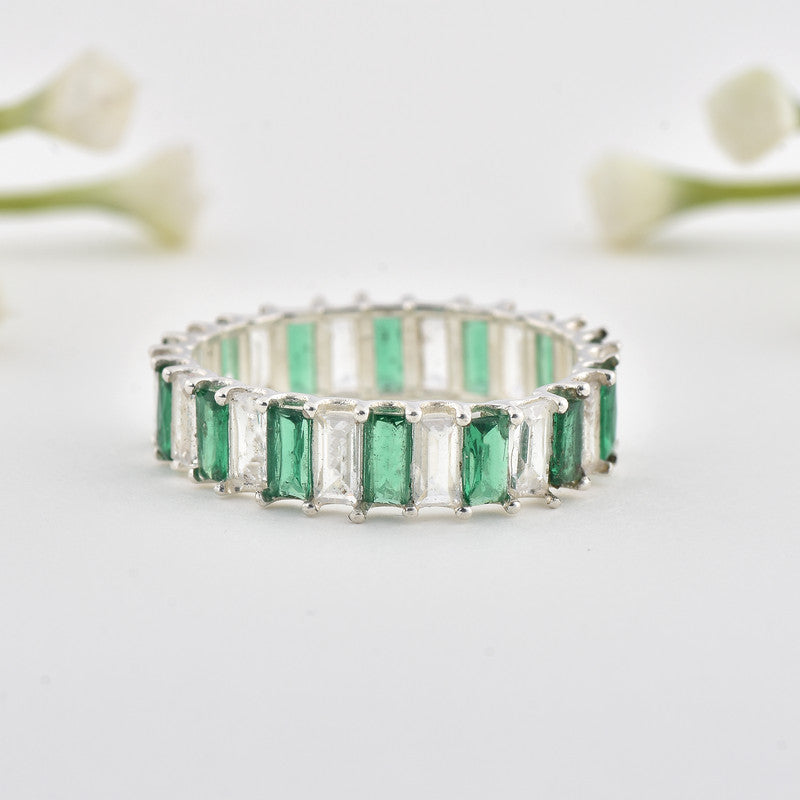 4x2mm Baguette-Cut Emerald & White Stone Eternity Ring - 925 Sterling Silver