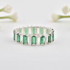 4x2mm Baguette-Cut Emerald & White Stone Eternity Ring - 925 Sterling Silver