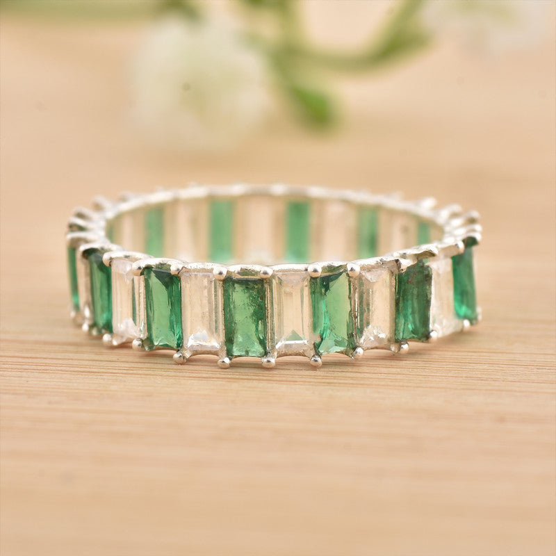 4x2mm Baguette-Cut Emerald & White Stone Eternity Ring - 925 Sterling Silver