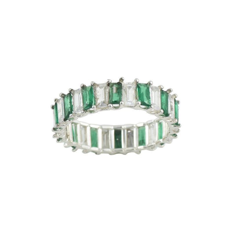 4x2mm Baguette-Cut Emerald & White Stone Eternity Ring - 925 Sterling Silver