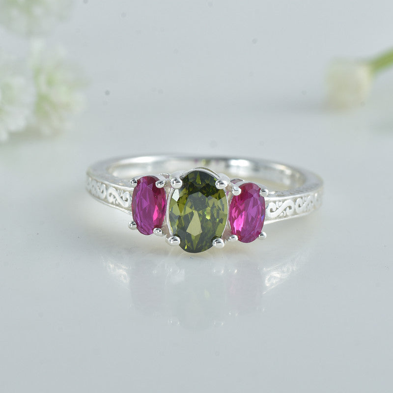 Peridot And Pink Gemstone Three-Stone Ring 925 Sterling Silver