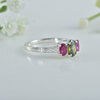 Peridot And Pink Gemstone Three-Stone Ring 925 Sterling Silver
