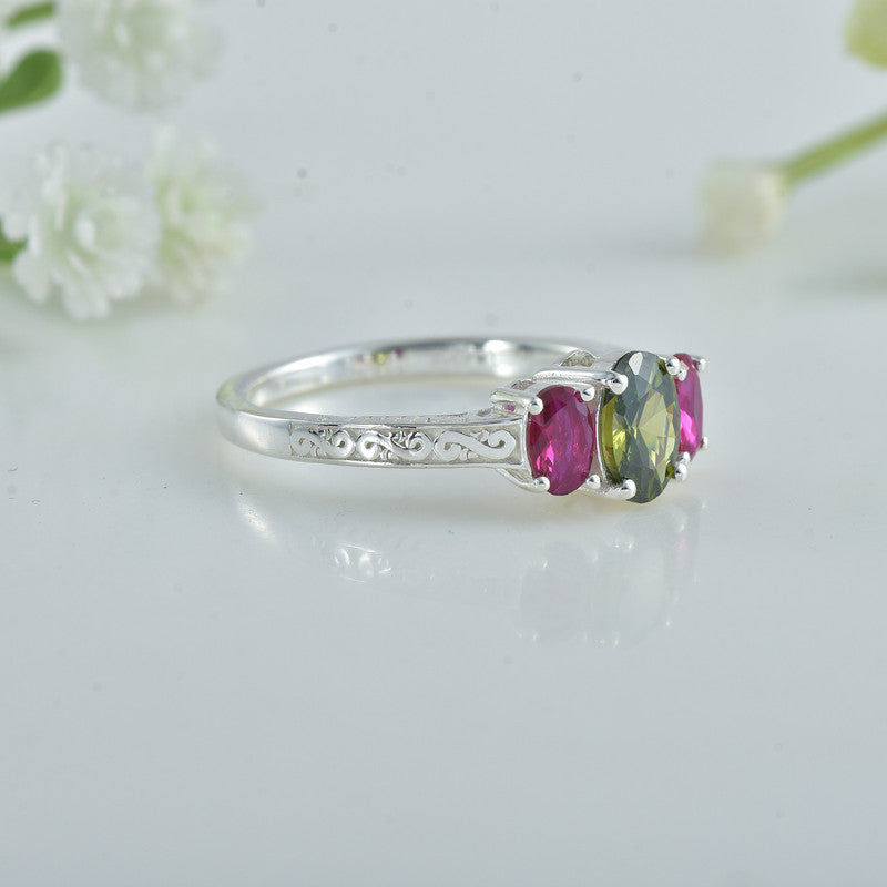 Peridot And Pink Gemstone Three-Stone Ring 925 Sterling Silver