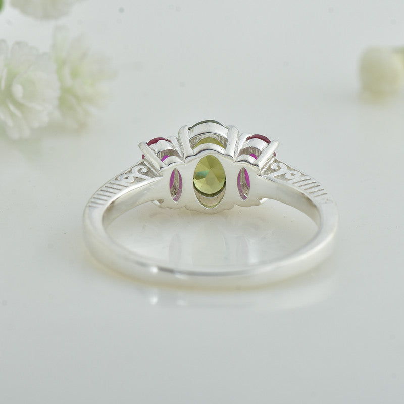 Peridot And Pink Gemstone Three-Stone Ring 925 Sterling Silver