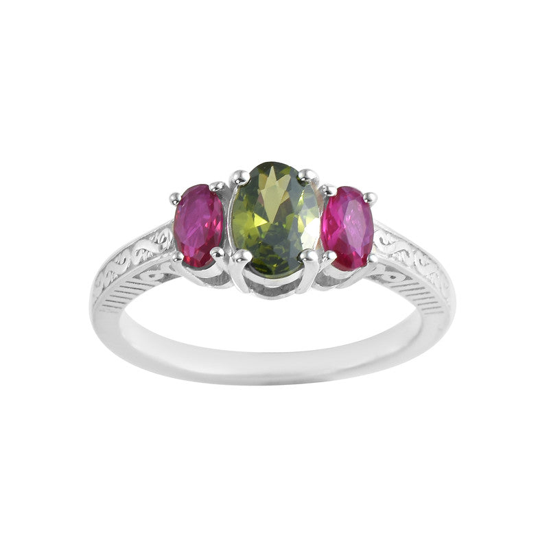 Peridot And Pink Gemstone Three-Stone Ring 925 Sterling Silver