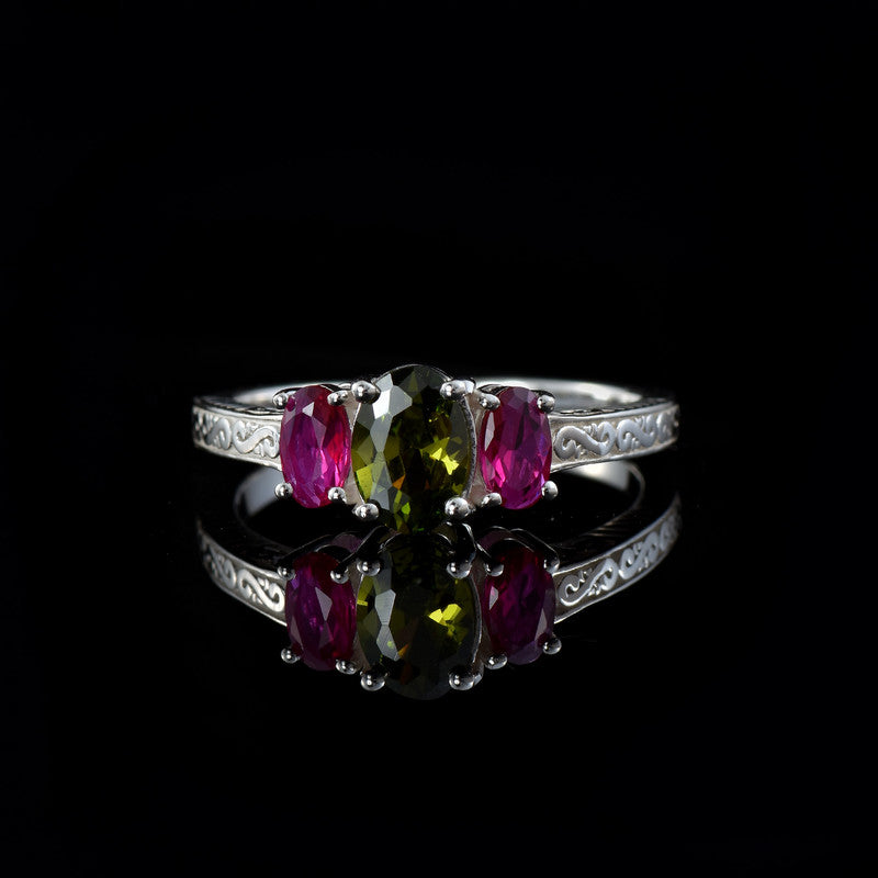 Peridot And Pink Gemstone Three-Stone Ring 925 Sterling Silver