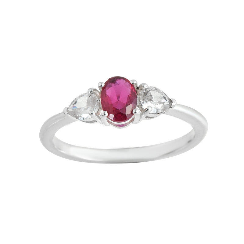 7x5MM Oval Ruby Trio Stone Ring 925 Sterling Silver