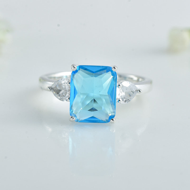 10x8mm Octagon Swiss Blue Topaz Three stone Ring 925 925 Sterling Silver
