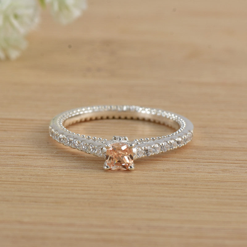 4x4mm Cushion Morganite Side Accents Ring 925 Sterling Silver