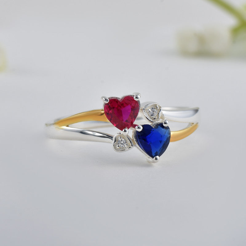 5x5mm Heart Blue Sapphire & Ruby Two-Tone 925 Sterling Silver Ring