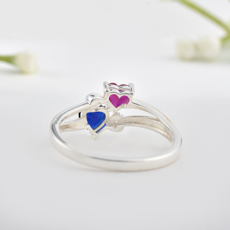 5x5mm Heart Blue Sapphire & Ruby Two-Tone 925 Sterling Silver Ring