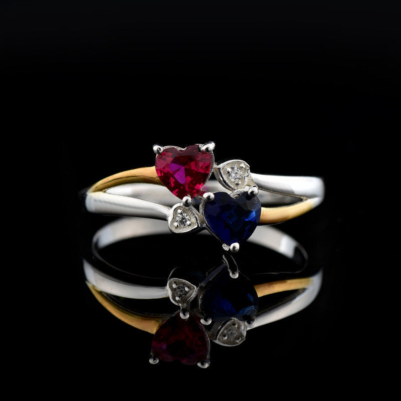 5x5mm Heart Blue Sapphire & Ruby Two-Tone 925 Sterling Silver Ring