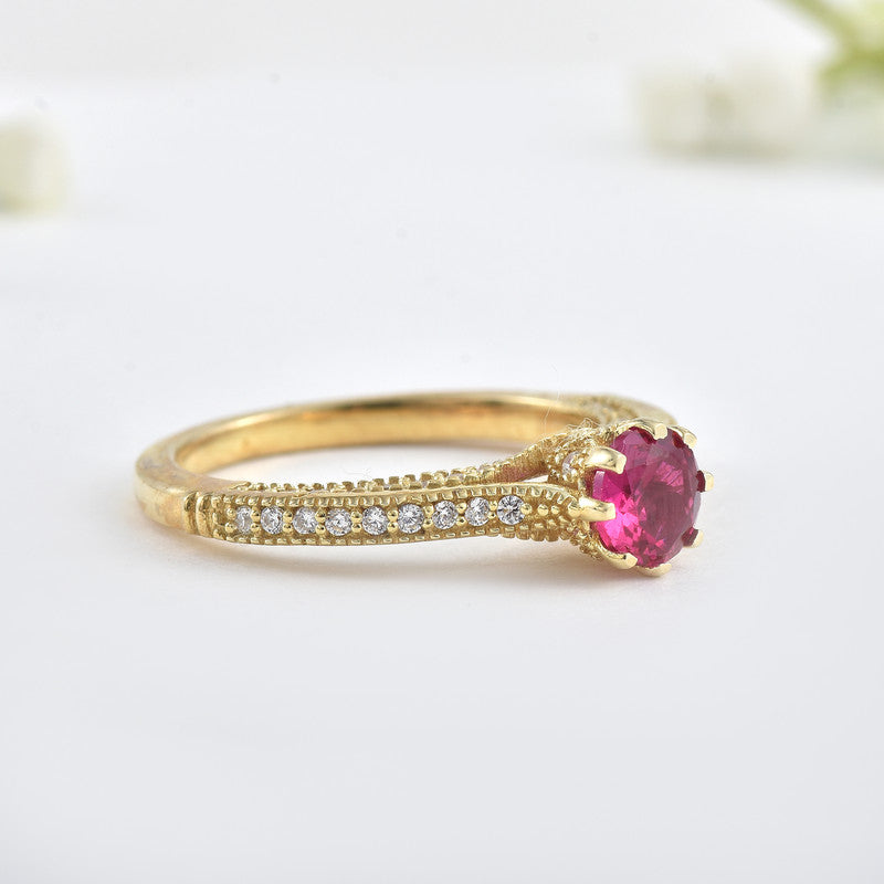 6x6 mm Round Ruby Side Accent 925 Sterling Silver Yellow Plated Ring