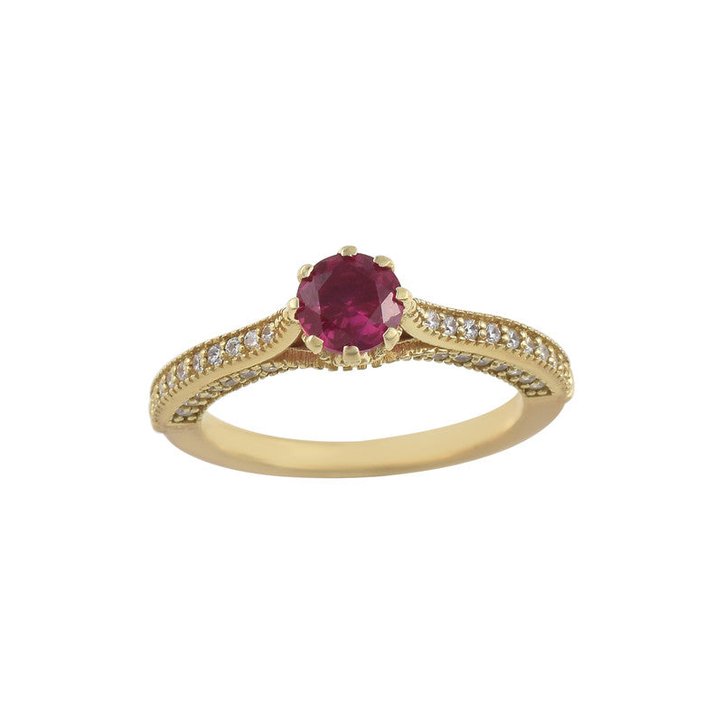 6x6 mm Round Ruby Side Accent 925 Sterling Silver Yellow Plated Ring